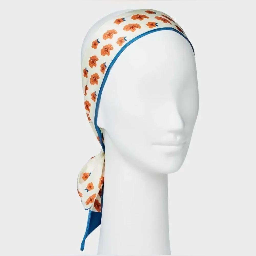 a new day White Blue Coral Hibiscus Floral Skinny Head Neck Purse Scarf